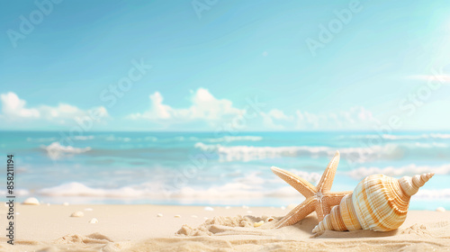 Landscape summer beach panoramic background with seashells and starfish.