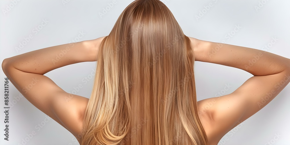 Naklejka premium Woman with freshly dyed balayage showcasing beautiful long hair. Concept Haircare, Balayage, Long Hair, Woman, Hair Styling