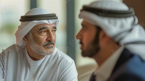 Arab Business Executive Mentoring Younger Colleague During Private One on One Meeting in Corporate Office Setting  Concept of Guidance Coaching Leadership Development and Business Consultation © Intelligent Horizons