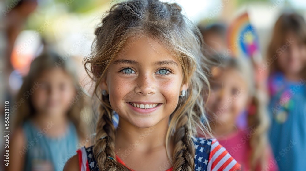 On the Fourth of July, American children celebrate with patriotic enthusiasm, waving flags and wearing colorful costumes, as natural light casts soft shadows on their joyous holiday outfits. On the Fourth of July, American children celebrate with patriotic enthusiasm, waving flags and wearing colorful costumes, as natural light casts soft shadows on their joyous holiday outfits.