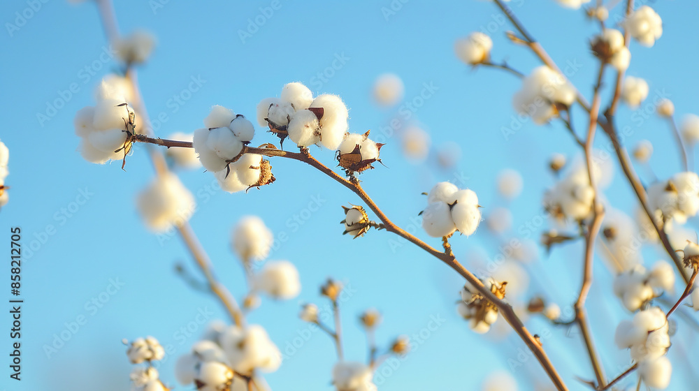 Cotton Flower Branch Close-Ups: Detailed Views Against Clear Blue Sky. Simple Imagery in Soft Light and Large Aperture Photography. Cotton Flower Branch Close-Ups: Detailed Views Against Clear Blue Sky. Simple Imagery in Soft Light and Large Aperture Photography.