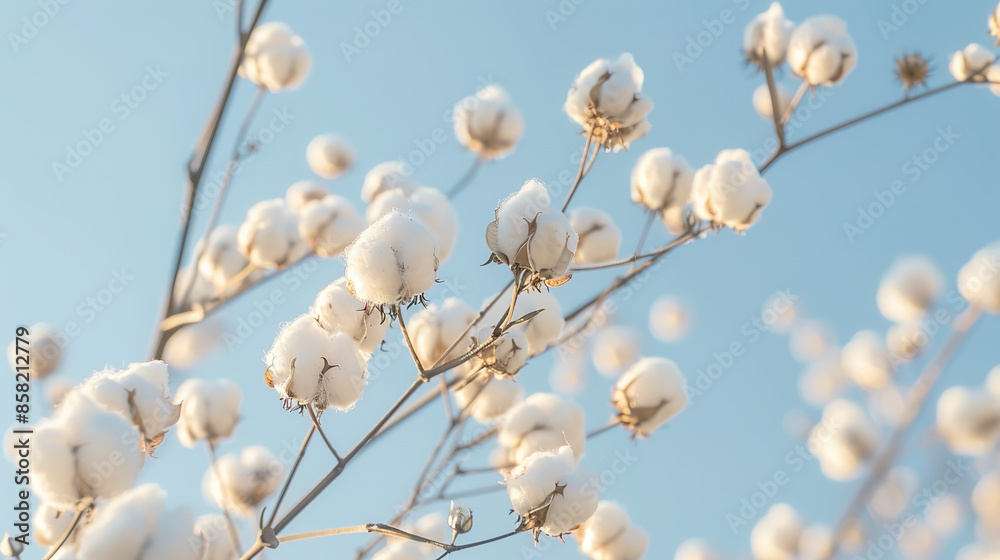 Cotton Flower Branch Close-Ups: Detailed Views Against Clear Blue Sky. Simple Imagery in Soft Light and Large Aperture Photography. Cotton Flower Branch Close-Ups: Detailed Views Against Clear Blue Sky. Simple Imagery in Soft Light and Large Aperture Photography.