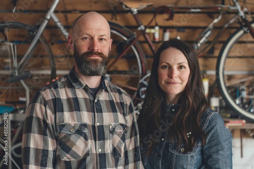 Portrait of a man and a woman in a bike shop. Rustic background. The image showcases the couple in casual attire, suggesting a laid-back lifestyle. Perfect for lifestyle and business concepts