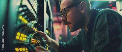 Network engineer focused on working with server equipment, adjusting cables and connections in a data center, illuminated by soft yellow and green lights.