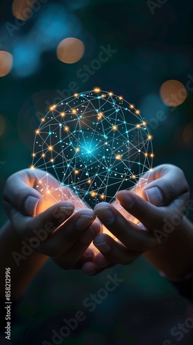 Hands holding a glowing virtual network globe made of interconnected nodes, representing global connectivity and technological advancement in a dark background.