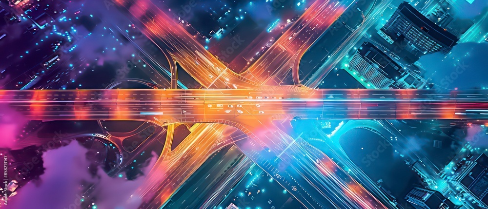 Obraz premium At night, a city roads pulses with light and motion, reflecting the integration of cloud technology and innovative design in urban spaces