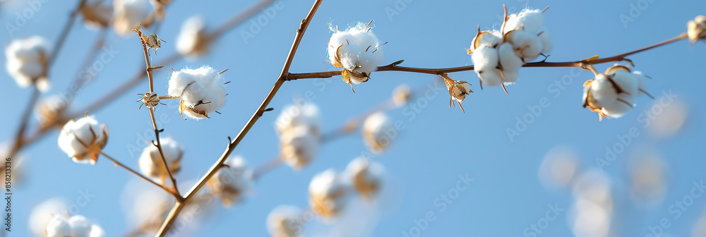 Cotton Flower Branch Close-Ups: Detailed Views Against Clear Blue Sky. Simple Imagery in Soft Light and Large Aperture Photography. Cotton Flower Branch Close-Ups: Detailed Views Against Clear Blue Sky. Simple Imagery in Soft Light and Large Aperture Photography.