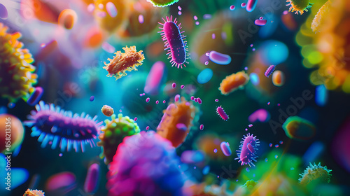 Beautiful microworld, microbes of different shapes and color, 3D illustration photo