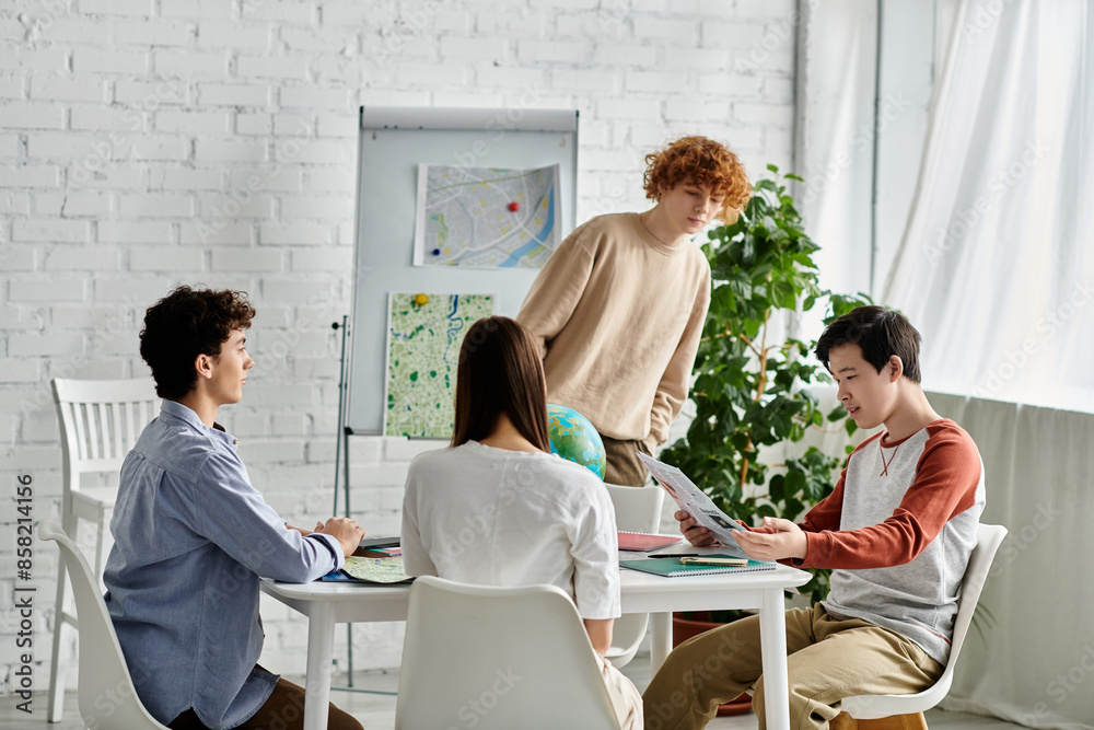 Four teenagers participate in a UN Model simulation, engaging in discussion and debate. Four teenagers participate in a UN Model simulation, engaging in discussion and debate.