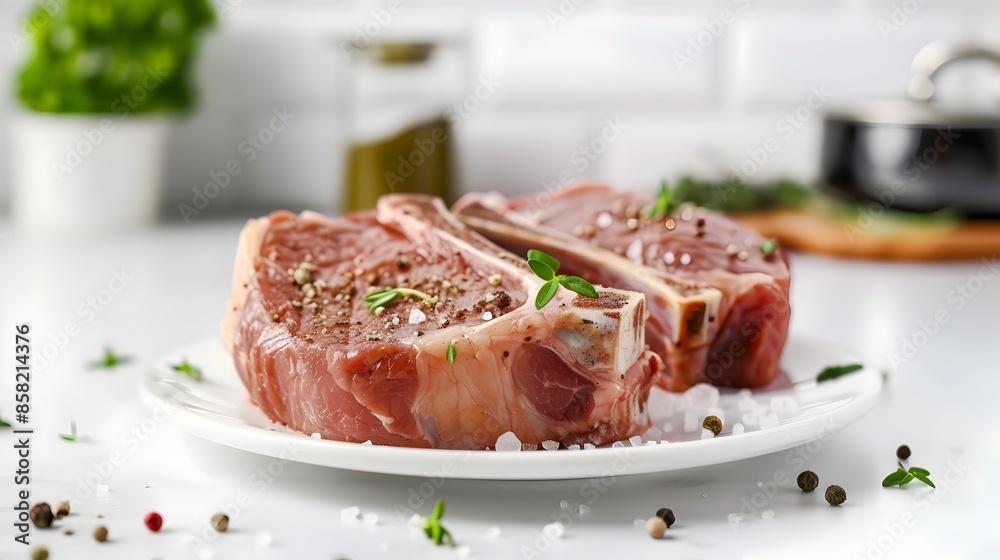 Delectable Grilled Meat Dish on a White Plate with Fresh Herbs and Seasoning Delectable Grilled Meat Dish on a White Plate with Fresh Herbs and Seasoning