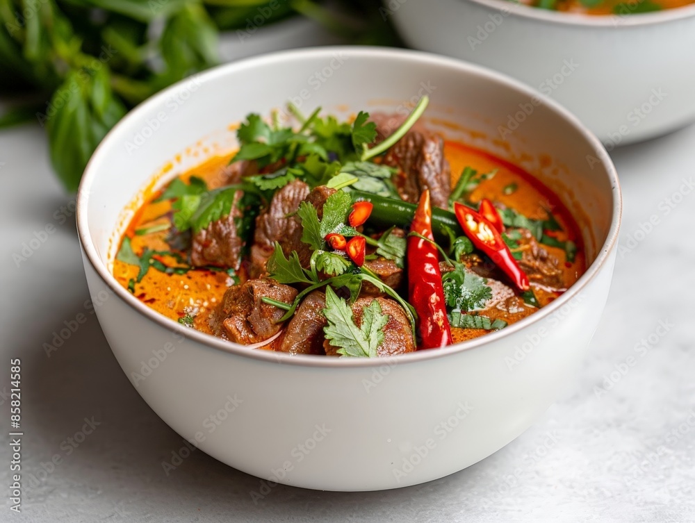 Vibrant Thai Curry Bowl with Fresh Herbs and Chilies on Minimalist Setting Vibrant Thai Curry Bowl with Fresh Herbs and Chilies on Minimalist Setting