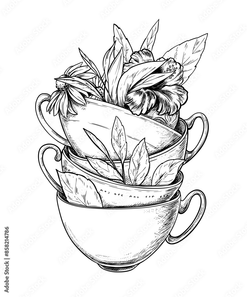 Tea cups with leaves and flowers vector illustration
