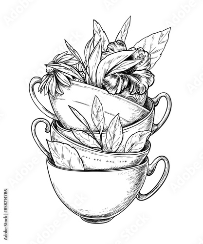 Obraz na płótnie Tea cups with leaves and flowers vector illustration w salonie