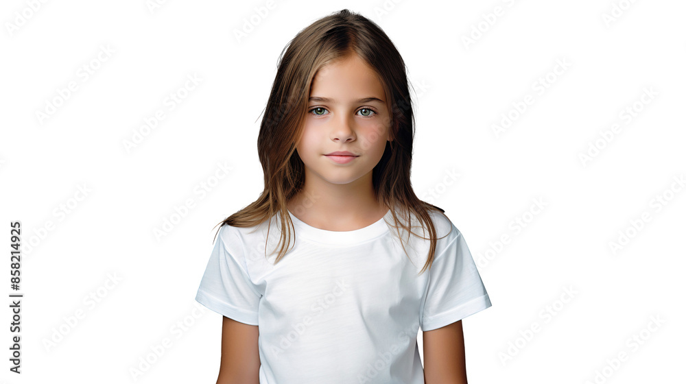 Portrait of a smiling little girl in white t-shirt with long brunette hair, studio photo, isolated on transparent background Portrait of a smiling little girl in white t-shirt with long brunette hair, studio photo, isolated on transparent background