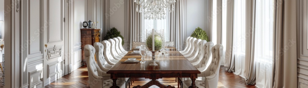 Classic Elegance in an Elegant Dining Room with Wooden Table, Stylish Chairs, and Chandelier Classic Elegance in an Elegant Dining Room with Wooden Table, Stylish Chairs, and Chandelier