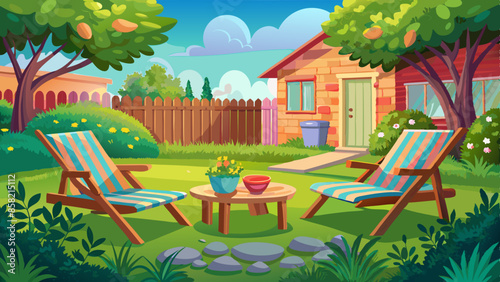 Two summer chairs on a green lawn on the backyard