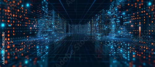 Digital illustrations in blue showcase computer codes and futuristic web designs. Virtual patterns define a future where technology meets business in digital landscapes