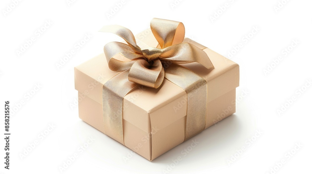 Beige gift box with gold ribbon on white background Beige gift box with gold ribbon on white background