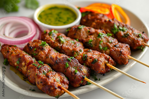 Grilled Pork Kebabs with Onion, Parsley and Green Sauce