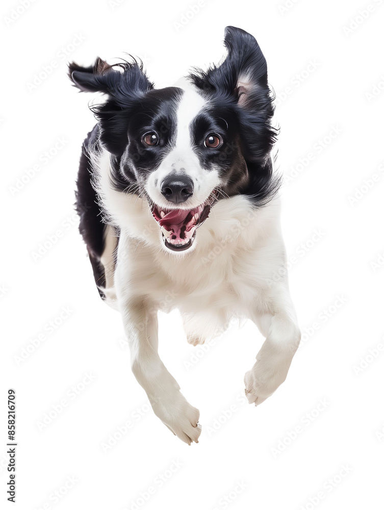 Full body shot of Border Collie dog, running happily, smiling. Full body shot of Border Collie dog, running happily, smiling.
