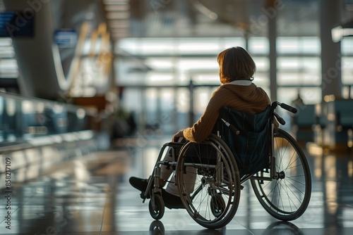 A person sitting in a wheelchair in a modern airport terminal. The sunlight streams through the windows, creating a sense of hope and journey. Perfect for depicting accessibility themes. Generative AI