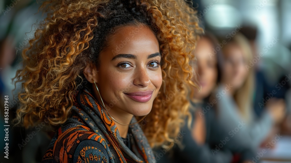 Fototapeta premium Diverse professionals collaborating in a boardroom meeting, showcasing multicultural representation. Blurry background provides ample copy space. illustration images