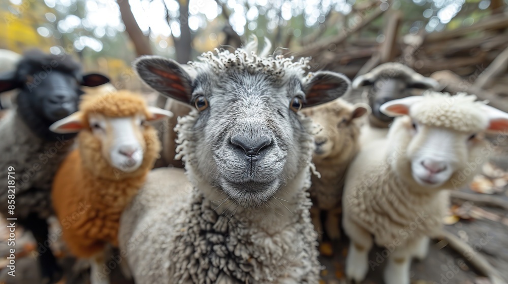 Obraz premium Smiling goats and sheep posing for a funny selfie with happy expressions. illustration images