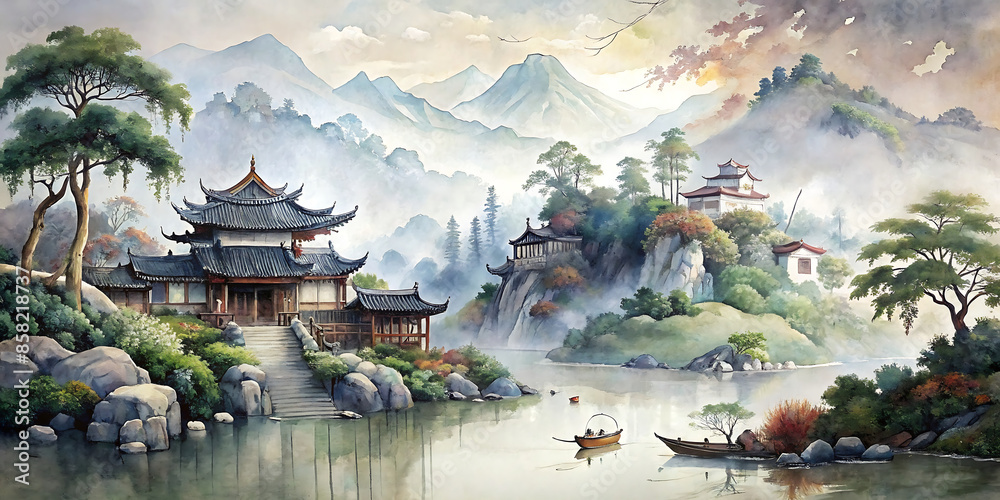 watercolor painting of an asian village