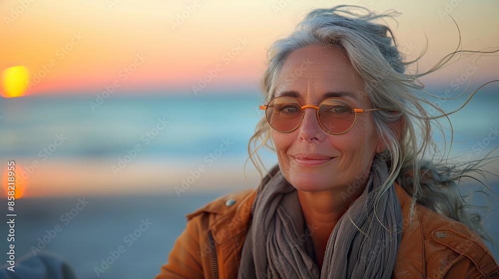 A serene senior woman basks in the golden glow of sunrise, her face radiant with contentment, as she embraces the tranquility of the beach. illustration images A serene senior woman basks in the golden glow of sunrise, her face radiant with contentment, as she embraces the tranquility of the beach. illustration images