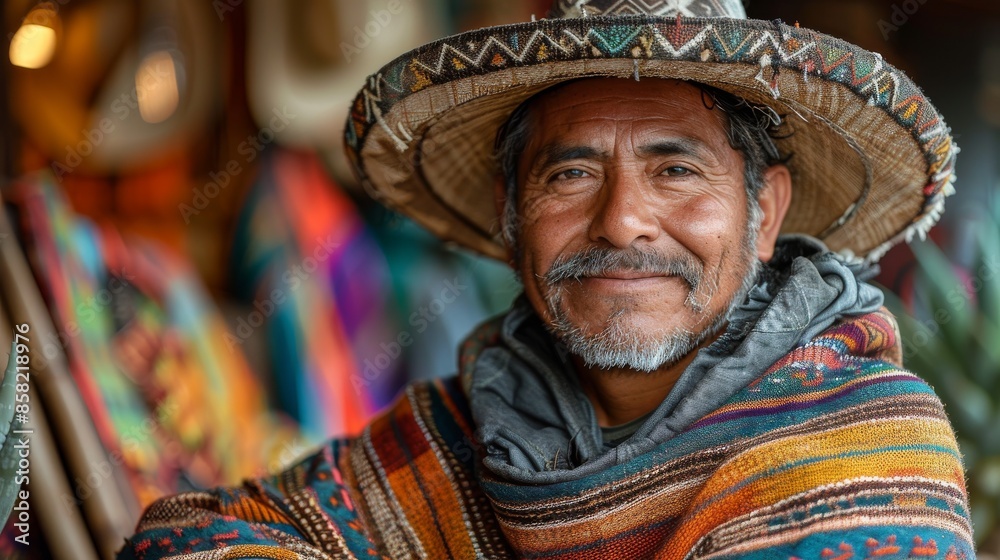 A man dressed in a colorful traditional poncho and hat, standing amidst a vibrant tribal market filled with diverse handicrafts and textiles, reflecting rich cultural heritage. A man dressed in a colorful traditional poncho and hat, standing amidst a vibrant tribal market filled with diverse handicrafts and textiles, reflecting rich cultural heritage.