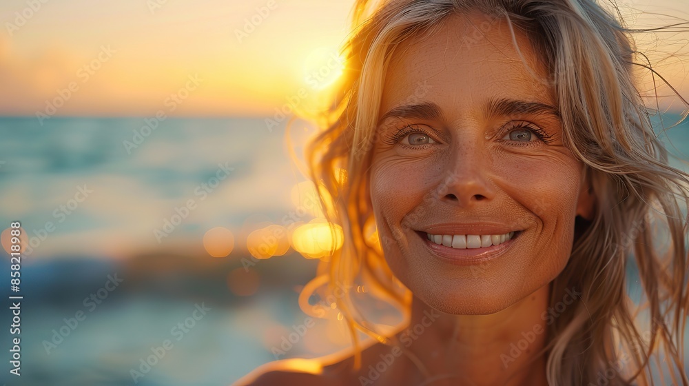 A serene senior woman basks in the golden glow of sunrise, her face radiant with contentment, as she embraces the tranquility of the beach. illustration images