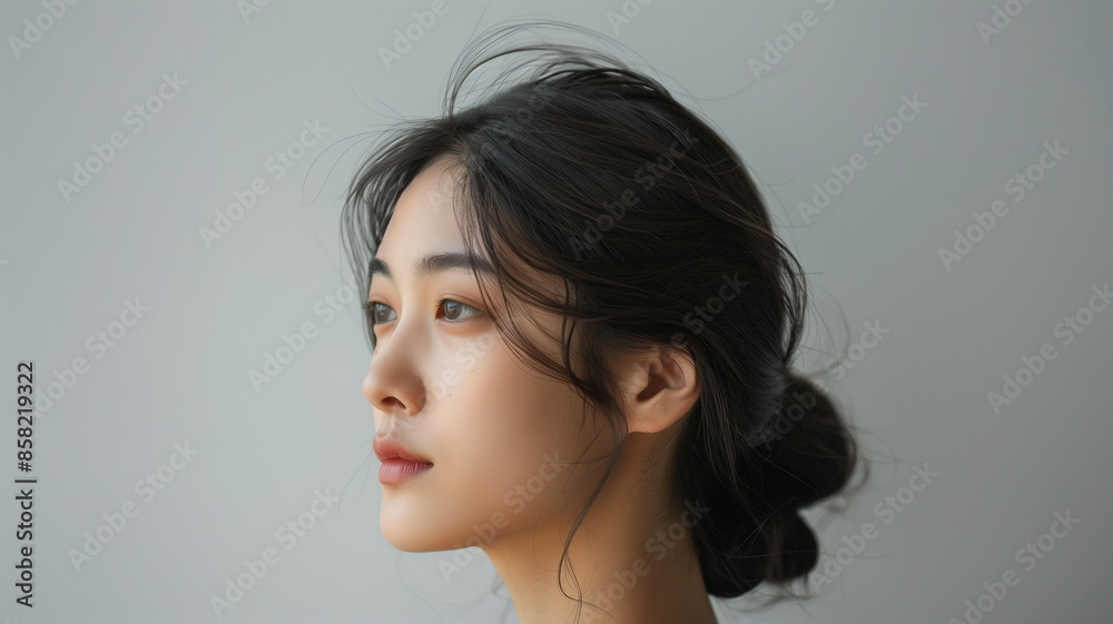 Asian woman with a thoughtful expression, captured in profile view against a neutral, minimalist backdrop, emphasizing elegance and tranquility Asian woman with a thoughtful expression, captured in profile view against a neutral, minimalist backdrop, emphasizing elegance and tranquility