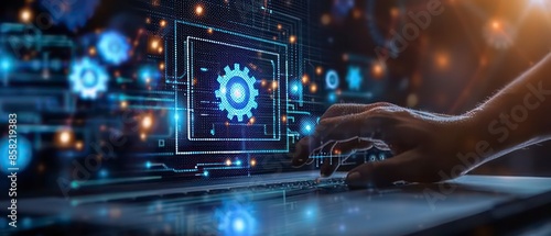 Imagining technology in future landscapes, where digital circles and starry patterns symbolize energy and time in a blue, glowing space of innovation