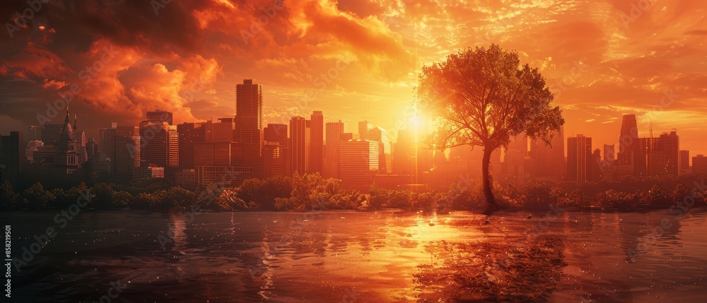 A city skyline is reflected in the water, with a tree in the foreground A city skyline is reflected in the water, with a tree in the foreground