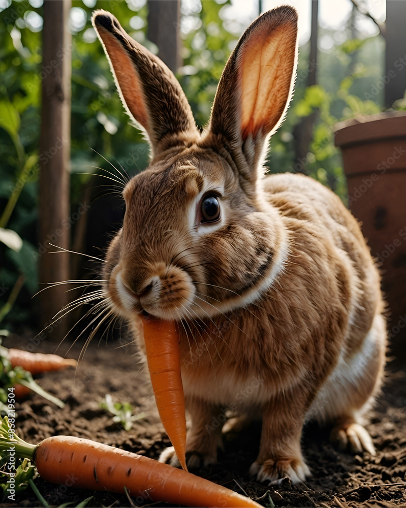 Fototapeta premium Retrato de un conejo comiendo zanahorias