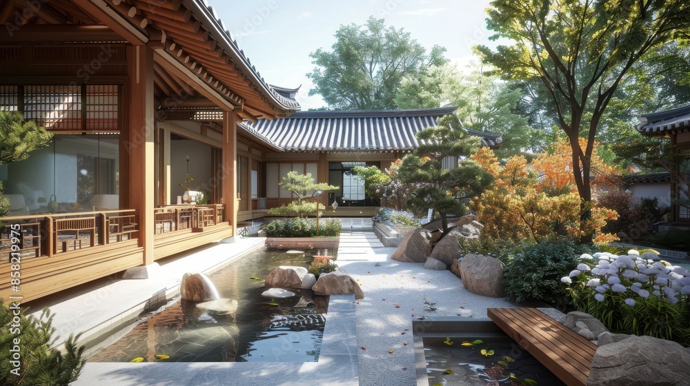 Fototapeta premium Ecofriendly hanok featuring a rainwater harvesting system