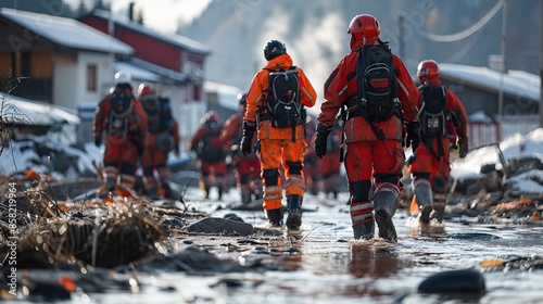 Emergency aid workers provide support after a natural disaster. illustration images photo