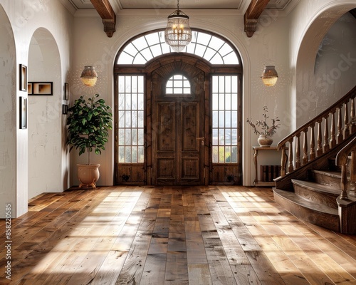 Traditional Polish interior featuring reclaimed wood flooring