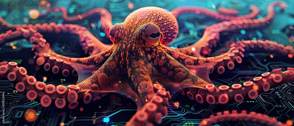 Naklejka premium A computer generated image of an octopus with a glowing red eye