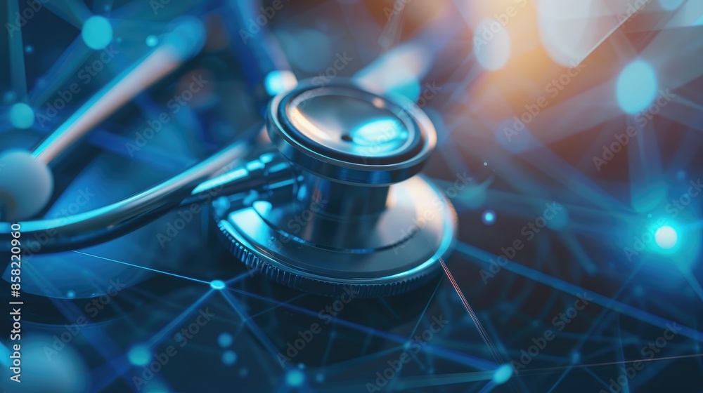 Concept of checking business health care and medical status with blue tone stethoscope background Concept of checking business health care and medical status with blue tone stethoscope background