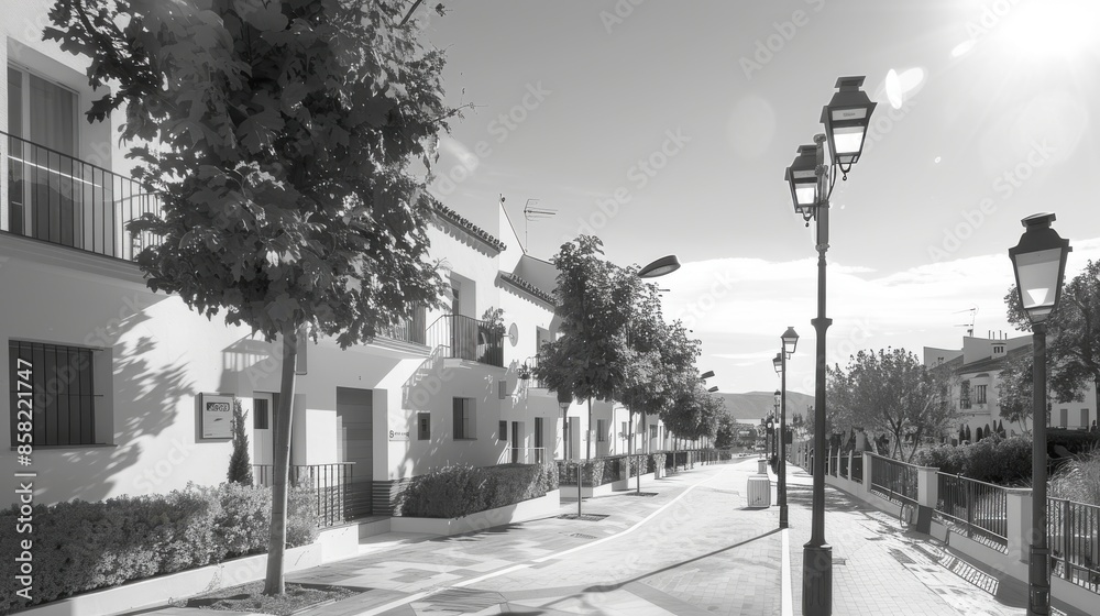 Fototapeta premium Sustainable community in a historic Spanish town with solarpowered street lamps and natural ventilation design, side view, portraying green living, digital tone, black and white