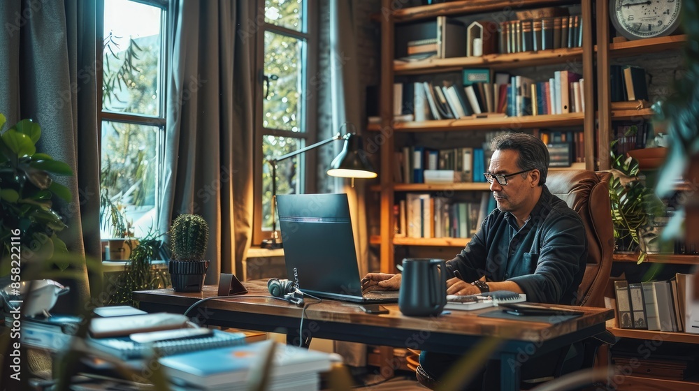 Professional working from a stylish home office AI generated Professional working from a stylish home office AI generated