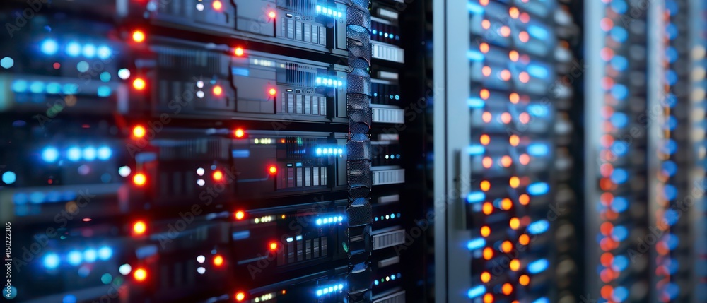 Computer technology in a server room, highlighting data storage, web infrastructure, and network equipment Computer technology in a server room, highlighting data storage, web infrastructure, and network equipment
