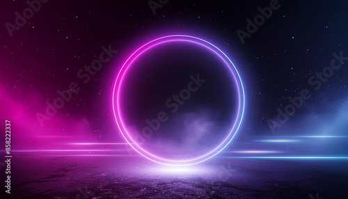 Glowing neon circle with colorful smoke on dark background. Pink and blue colors. Copy space. 3D