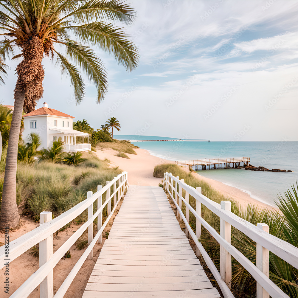 Obraz premium Beautiful beach.Summer holiday and vacation concept for tourism. Inspirational tropical landscape with palms and white pier