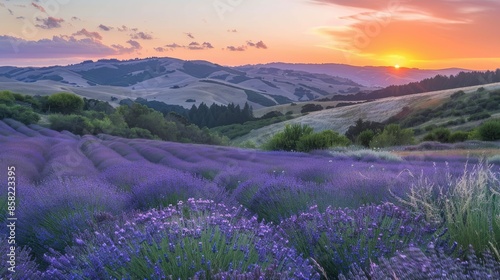 Rolling hills covered in blooming lavender fields under a golden sunset AI generated