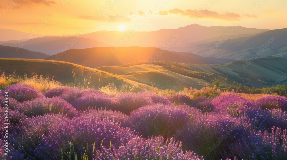 Rolling hills covered in blooming lavender fields under a golden sunset AI generated Rolling hills covered in blooming lavender fields under a golden sunset AI generated