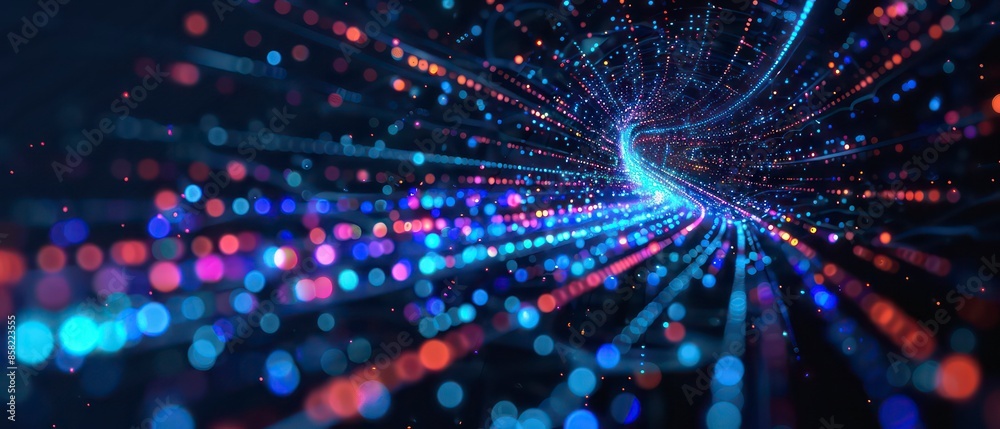 An abstract illustration blending light, energy, and motion in a fractal pattern, featuring blue hues against a black backdrop, symbolizing technological innovation and scientific concepts