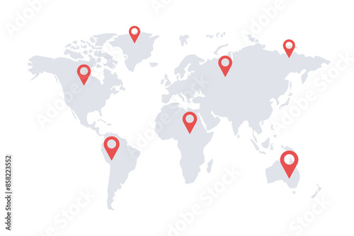 World map with location pins. Map of the world isolated on transparent background. Globe similar worldmap icon. Travel worldwide, map silhouette backdrop. World map vector.