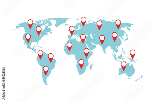 World map with location pins. Map of the world isolated on transparent background. Globe similar worldmap icon. Travel worldwide, map silhouette backdrop. World map vector.